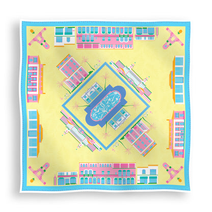 Pink Breeze Palm Beach silk scarf featuring hand-drawn illustrations of iconic Palm Beach landmarks including The Breakers, The Colony Hotel, Worth Avenue, the Flagler Museum, Royal Poinciana Plaza, the Society of the Four Arts, and the Palm Beach Clock Tower displayed in a lay-flat view.