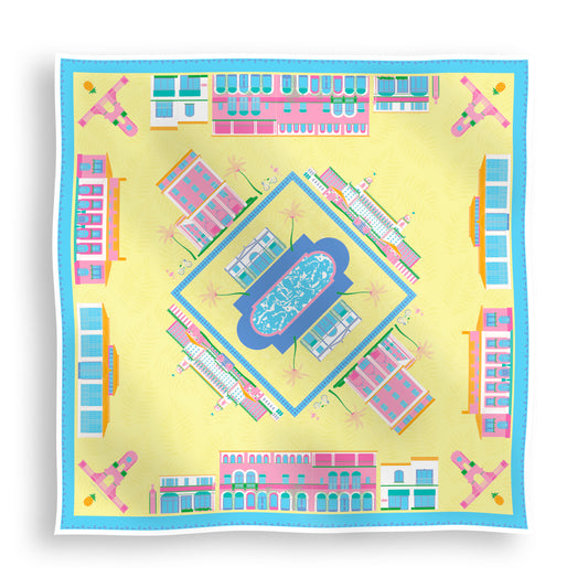 Pink Breeze Palm Beach silk scarf featuring hand-drawn illustrations of iconic Palm Beach landmarks including The Breakers, The Colony Hotel, Worth Avenue, the Flagler Museum, Royal Poinciana Plaza, the Society of the Four Arts, and the Palm Beach Clock Tower displayed in a lay-flat view.