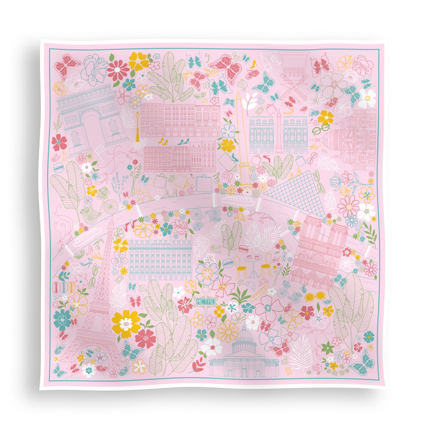 Rose Allure Paris silk scarf featuring a hand-drawn map of Paris with iconic landmarks including the Eiffel Tower, Arc de Triomphe, and Moulin Rouge on a light pink background with blue, green, and yellow accents displayed in a lay-flat view.