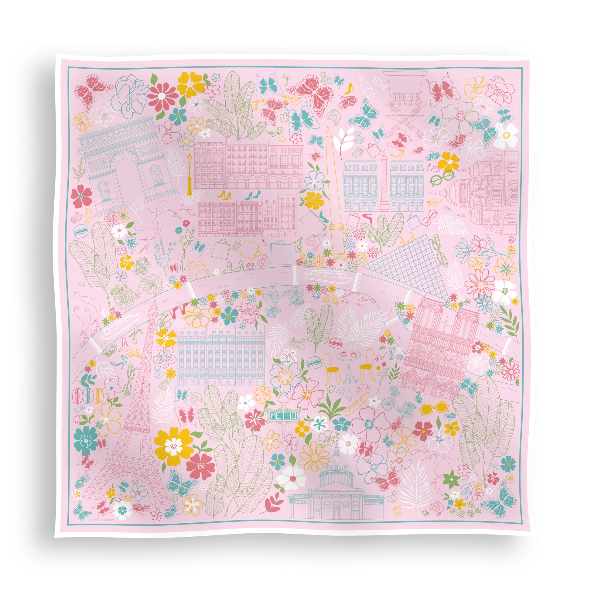 Rose Allure Paris silk scarf featuring a hand-drawn map of Paris with iconic landmarks including the Eiffel Tower, Arc de Triomphe, and Moulin Rouge on a light pink background with blue, green, and yellow accents displayed in a lay-flat view.