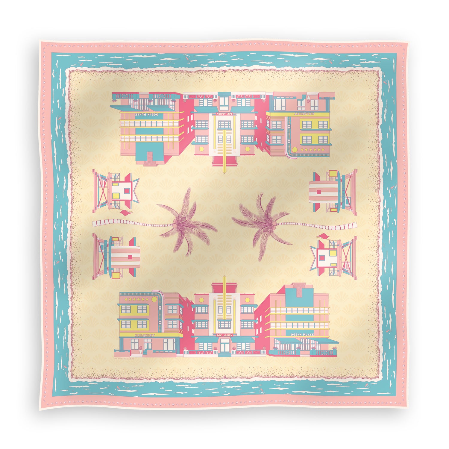 Rosy Splash Miami Beach silk scarf featuring hand-drawn Art Deco buildings, iconic miami beach lifeguard towers, palm trees, coastal scenery, and a subtle shell pattern in bright pink, turquoise, and yellow tones displayed in a lay-flat view.