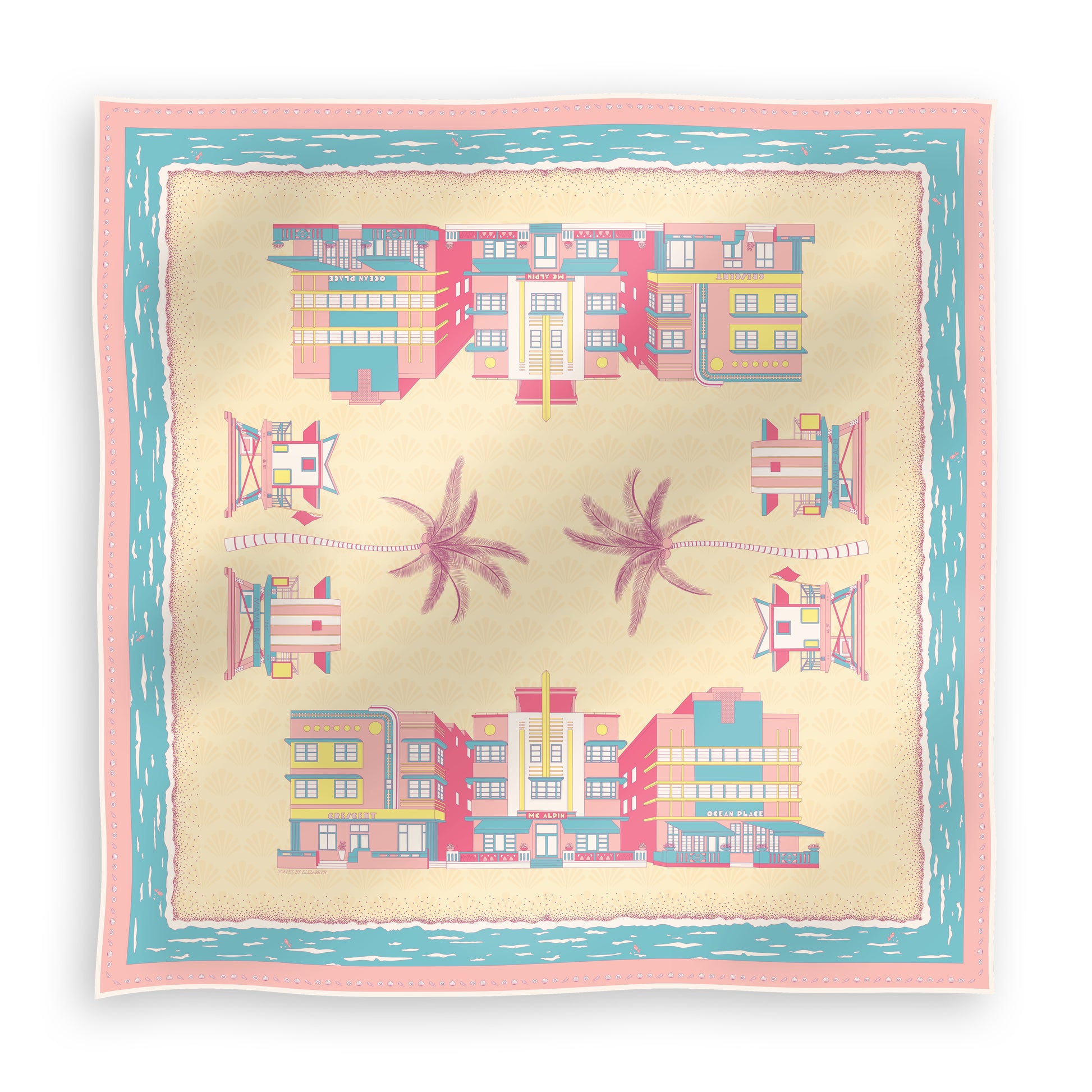 Rosy Splash Miami Beach silk scarf featuring hand-drawn Art Deco buildings, iconic miami beach lifeguard towers, palm trees, coastal scenery, and a subtle shell pattern in bright pink, turquoise, and yellow tones displayed in a lay-flat view.
