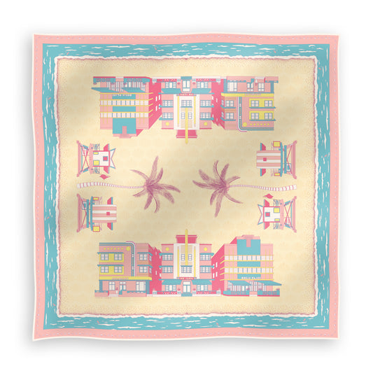 Rosy Splash Miami Beach silk scarf featuring hand-drawn Art Deco buildings, iconic miami beach lifeguard towers, palm trees, coastal scenery, and a subtle shell pattern in bright pink, turquoise, and yellow tones displayed in a lay-flat view.