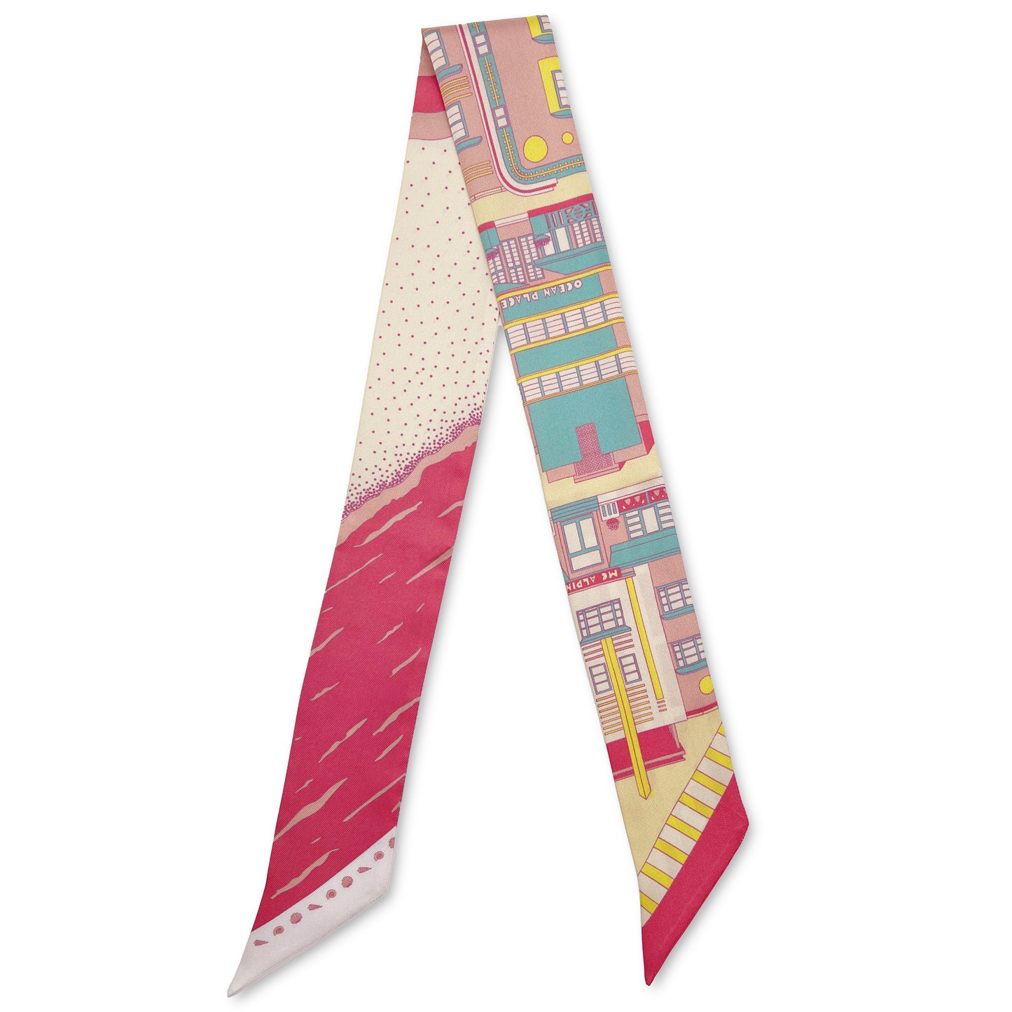Rosy Splash Miami Beach silk twilly featuring hand-drawn illustrations of iconic Miami Beach Art Deco buildings and coastal scenery in bright pink, turquoise, and yellow tones.