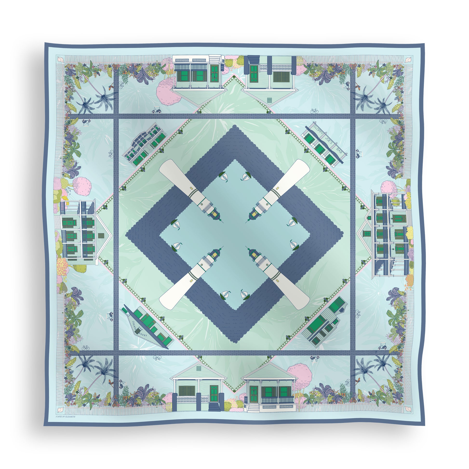 Seafoam Blue Key West silk scarf featuring hand-drawn illustrations of Key West conch homes, ornate gingerbread houses, Duval Street landmarks, the Key West Lighthouse, and tropical landscaping displayed in a lay-flat view.