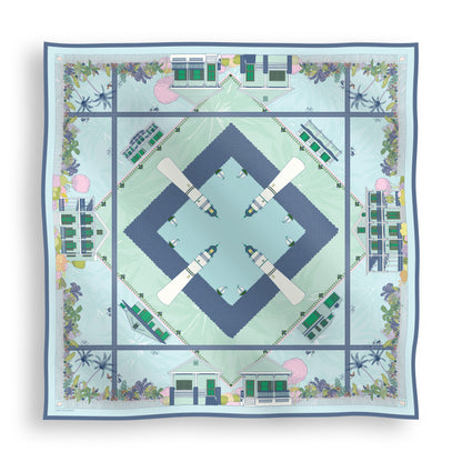 Seafoam Blue Key West silk scarf featuring hand-drawn illustrations of Key West conch homes, ornate gingerbread houses, Duval Street landmarks, the Key West Lighthouse, and tropical landscaping displayed in a lay-flat view.
