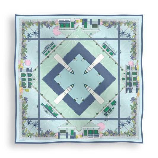 Seafoam Blue Key West silk scarf featuring hand-drawn illustrations of Key West conch homes, ornate gingerbread houses, Duval Street landmarks, the Key West Lighthouse, and tropical landscaping displayed in a lay-flat view.