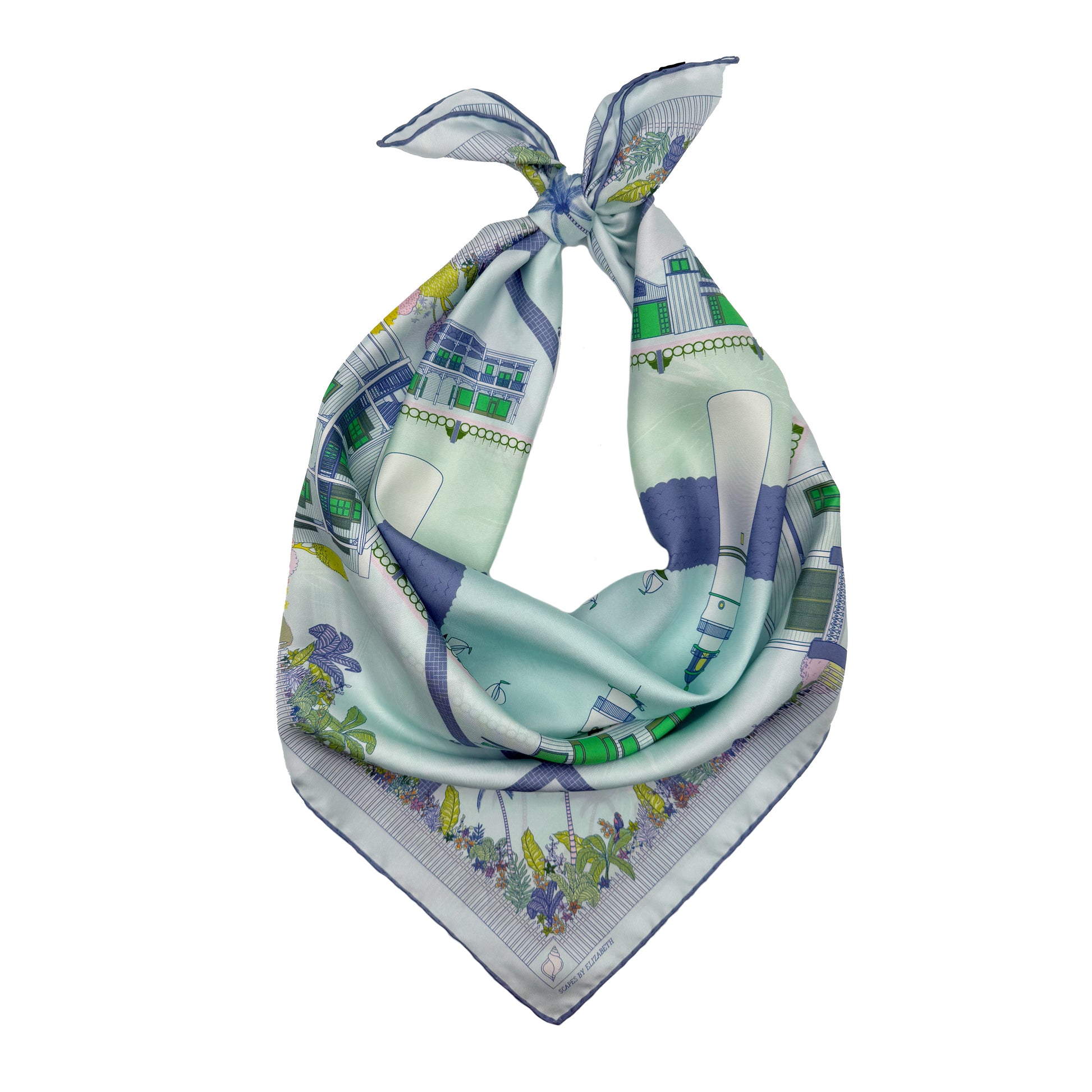 Seafoam Blue Key West silk scarf styled as a neck bandana featuring hand-drawn Key West architecture, Duval Street landmarks, tropical florals, and coastal-inspired artwork.