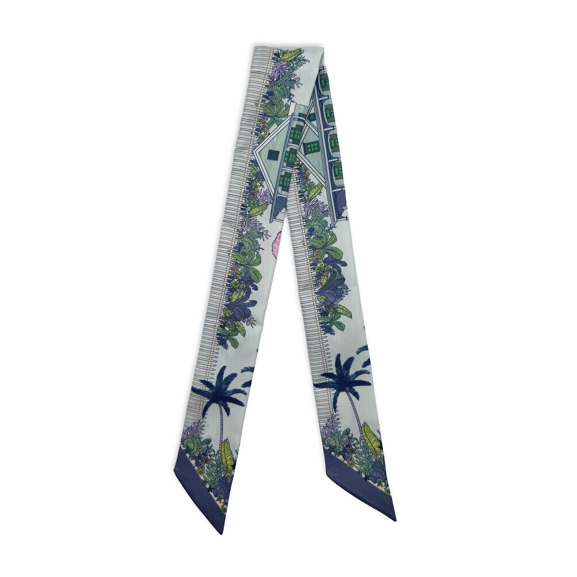 Close-up of the Seafoam Blue Key West silk twilly showcasing hand-drawn artwork and intricate coastal and floral inspired design details.