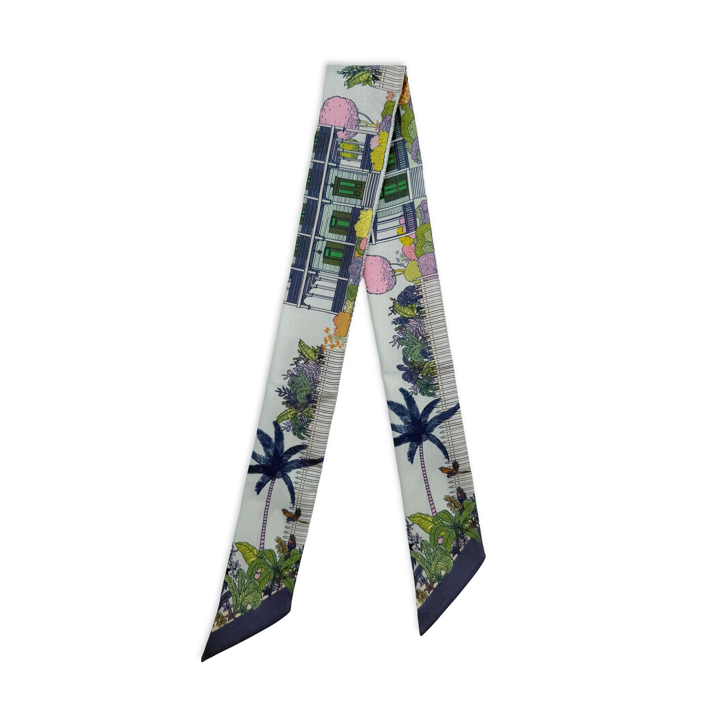 Seafoam Blue Key West silk twilly featuring hand-drawn Key West-inspired artwork and coastal details in blue and green tones.