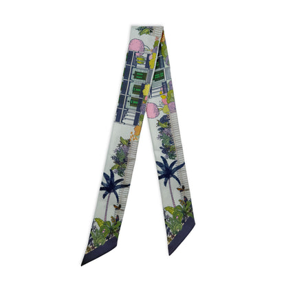 Seafoam Blue Key West silk twilly featuring hand-drawn Key West-inspired artwork and coastal details in blue and green tones.
