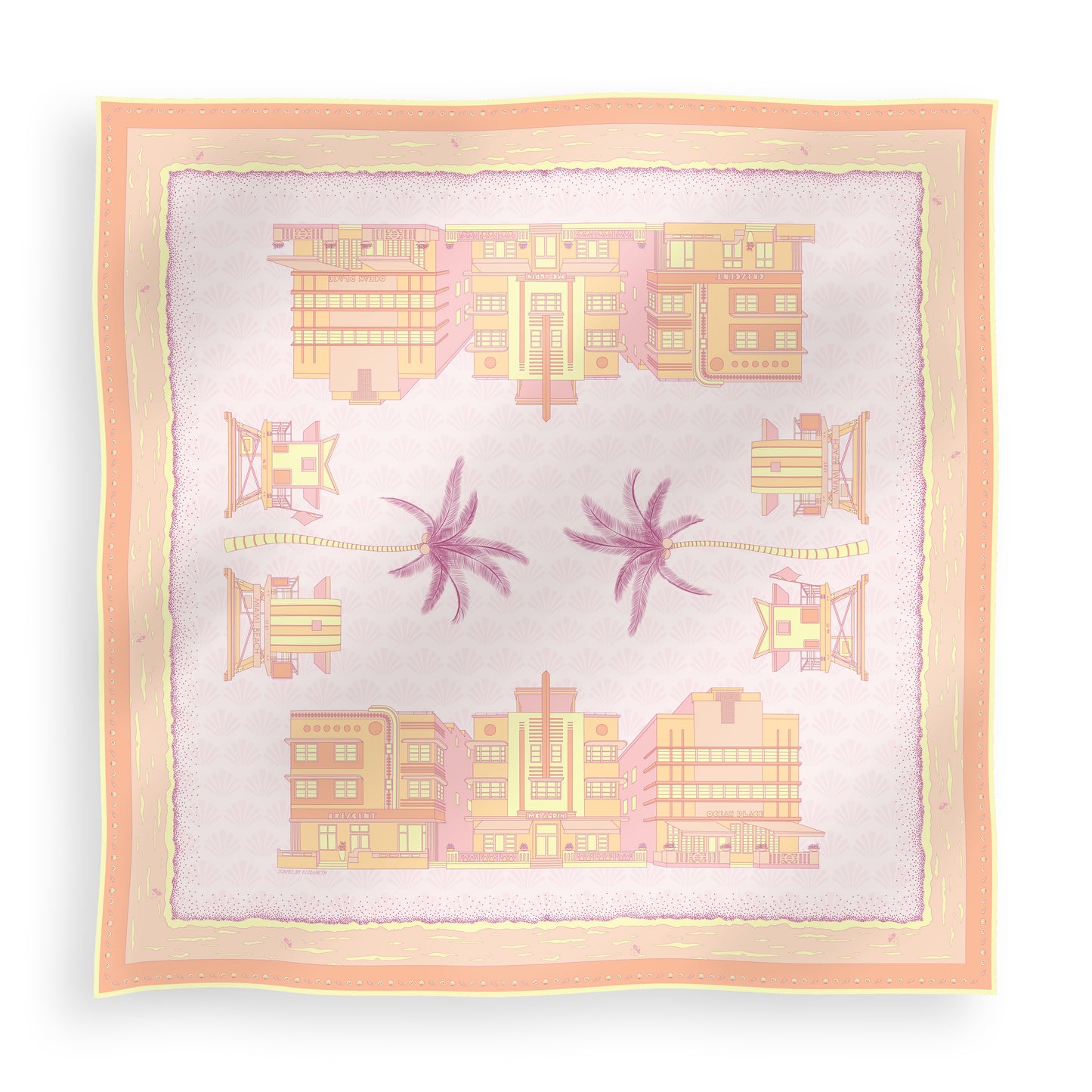 Sunset Miami Beach silk scarf featuring hand-drawn Miami Art Deco buildings, iconic miami beach lifeguard towers, palm trees, coastal scenery, and a subtle shell pattern in pink, yellow, and orange sunset-inspired tones displayed in a lay-flat view.
