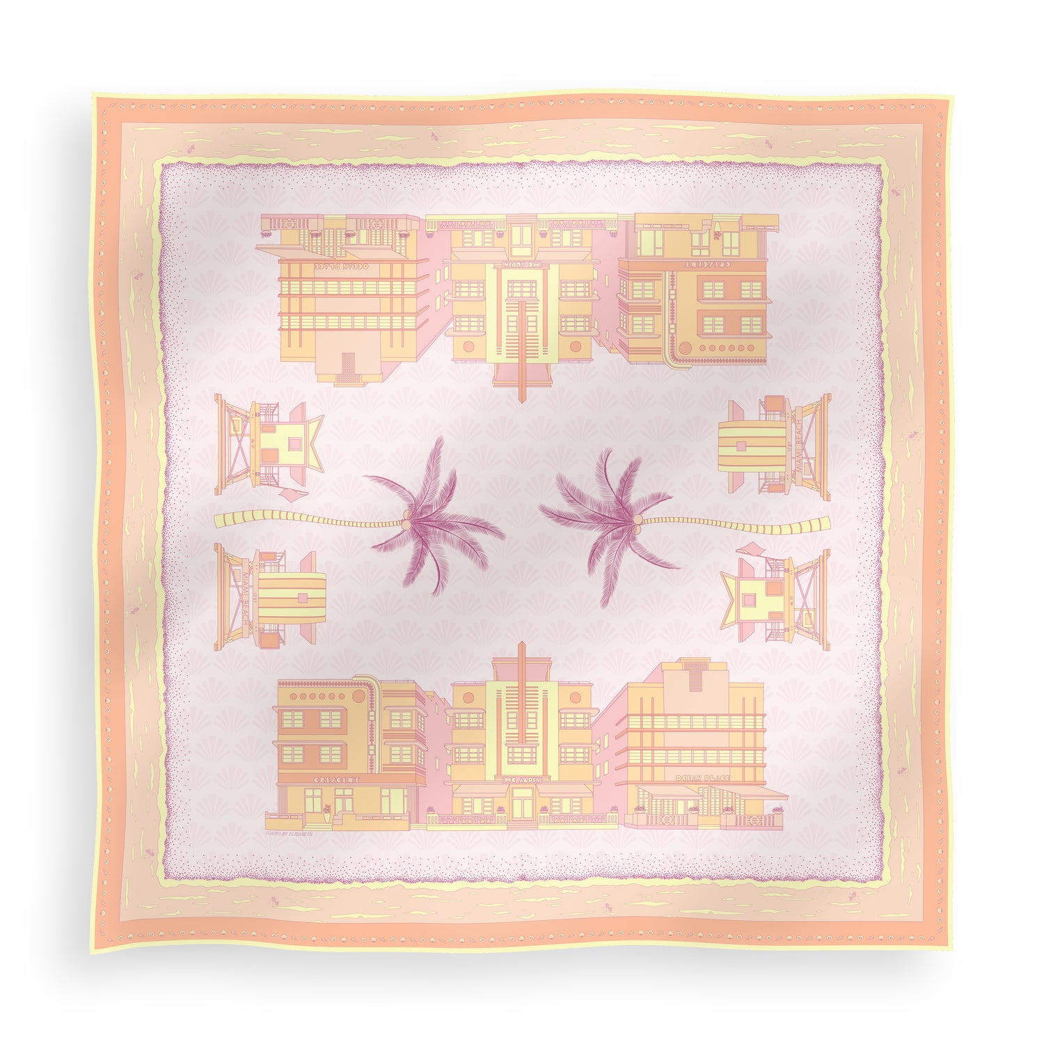 Sunset Miami Beach silk scarf featuring hand-drawn Miami Art Deco buildings, iconic miami beach lifeguard towers, palm trees, coastal scenery, and a subtle shell pattern in pink, yellow, and orange sunset-inspired tones displayed in a lay-flat view.