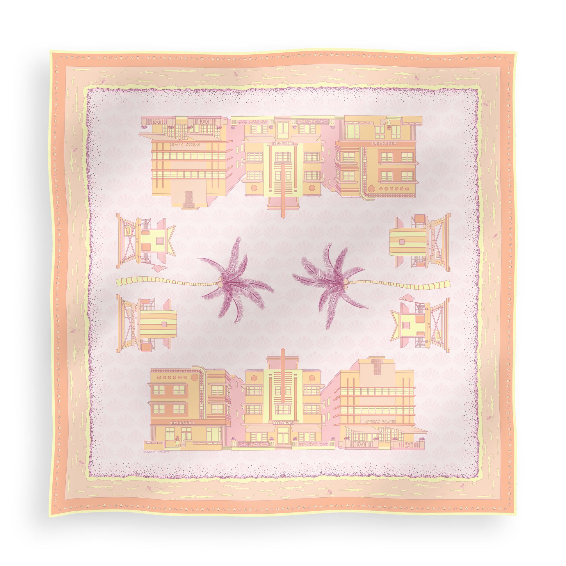 Sunset Miami Beach silk scarf featuring hand-drawn Miami Art Deco buildings, iconic miami beach lifeguard towers, palm trees, coastal scenery, and a subtle shell pattern in pink, yellow, and orange sunset-inspired tones displayed in a lay-flat view.