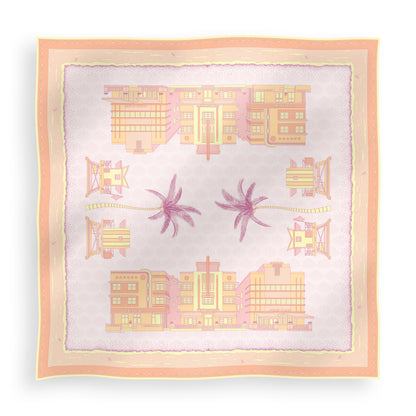 Sunset Miami Beach silk scarf featuring hand-drawn Miami Art Deco buildings, iconic miami beach lifeguard towers, palm trees, coastal scenery, and a subtle shell pattern in pink, yellow, and orange sunset-inspired tones displayed in a lay-flat view.