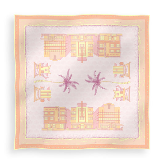 Sunset Miami Beach silk scarf featuring hand-drawn Miami Art Deco buildings, iconic miami beach lifeguard towers, palm trees, coastal scenery, and a subtle shell pattern in pink, yellow, and orange sunset-inspired tones displayed in a lay-flat view.