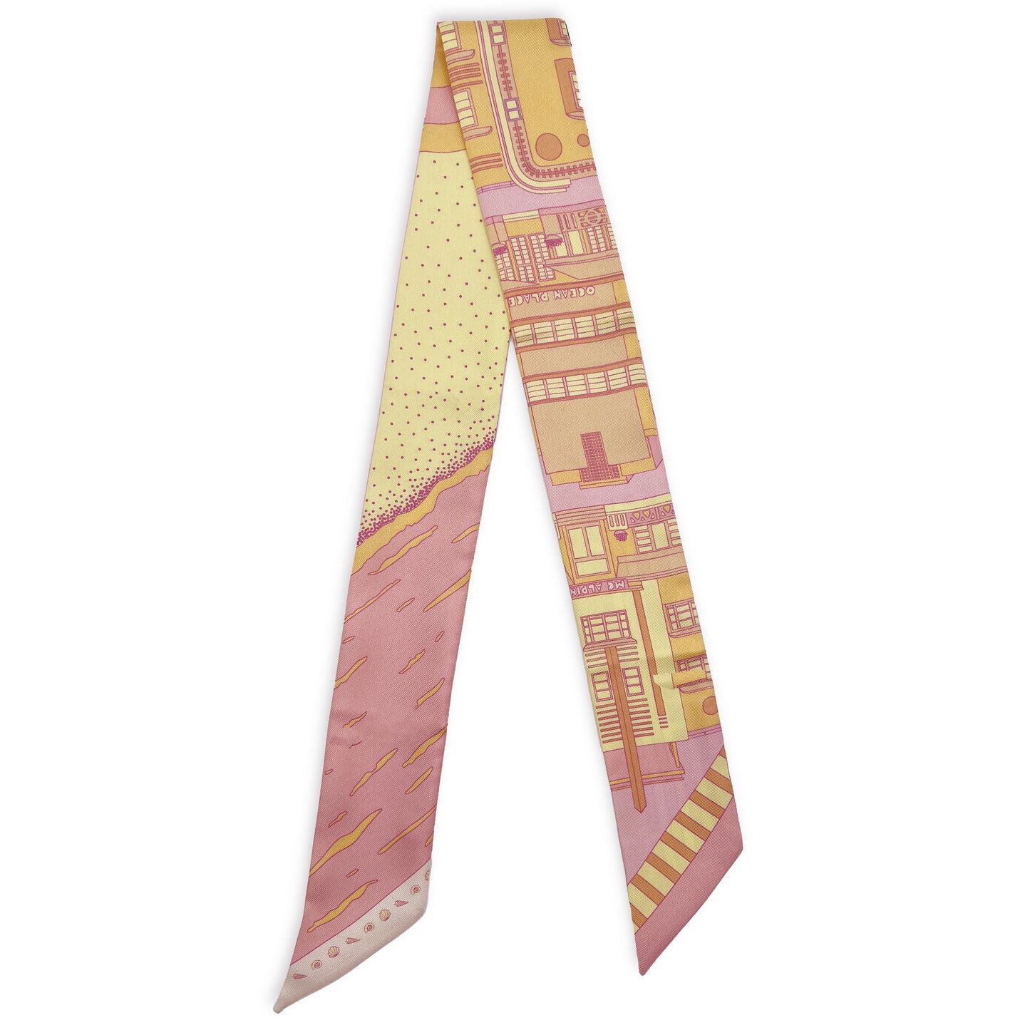 Miami Beach silk twilly in Sunset featuring hand-drawn illustrations of iconic Miami Beach Art Deco buildings and coastal scenery in pink, yellow, and orange sunset tones.